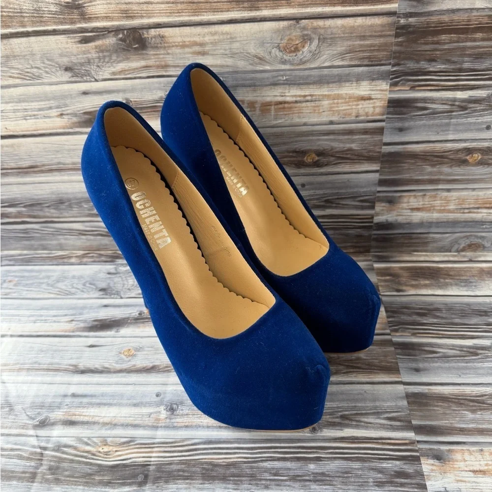 OCHENTA Women's Platform Slip On High Heels Dress Pumps Blue Velvet stilettos